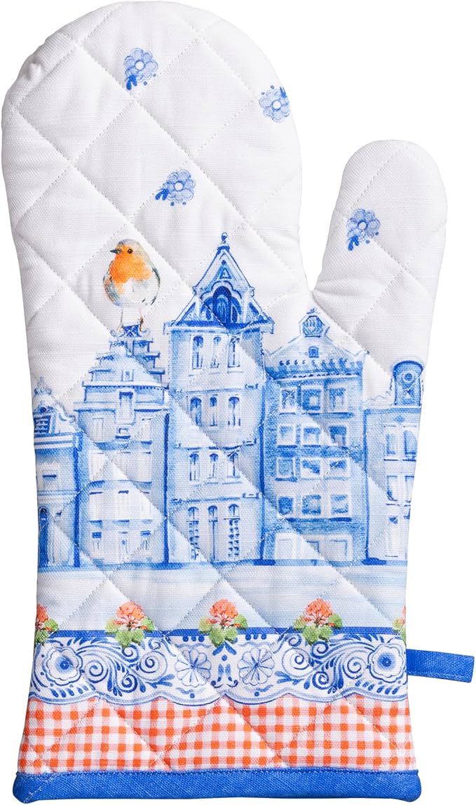 Maison d'Hermine Oven Gloves 100% Cotton Oven Mitt 7" x 13" with Loop Heat Resistant BBQ Cooking Gloves Baking Grilling Kitchen Hotel Home Farmhouse Spring Summer (Pack of 1, Amsterdam Canals)