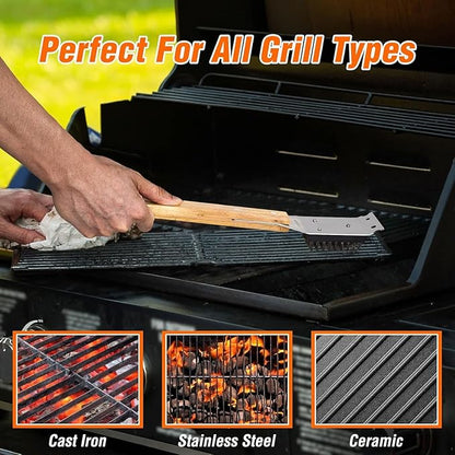 SIMPLETASTE Grill Brush and Scraper for BBQ, Durable & Effective, Replaceable Stainless Steel Head, Wooden Handle Wire Grill Brush for Outdoor Grill, Barbecue Accessories