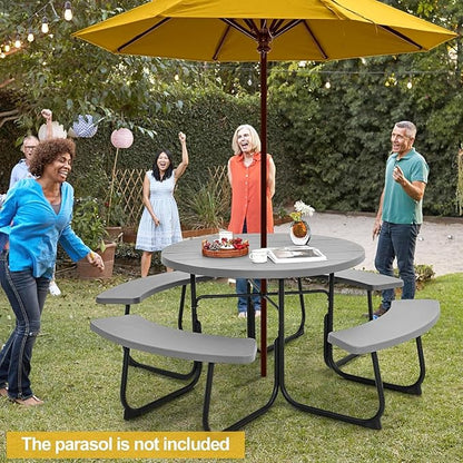 Round Picnic Table for Outdoors, 8 Person Outdoor Picnic Tables & Benches Set with Umbrella Hole, HDPE Tabletop & Metal Frame, 2000 LBS Capacity Table Bench Set for BBQ, Garden, Lawn, Patio
