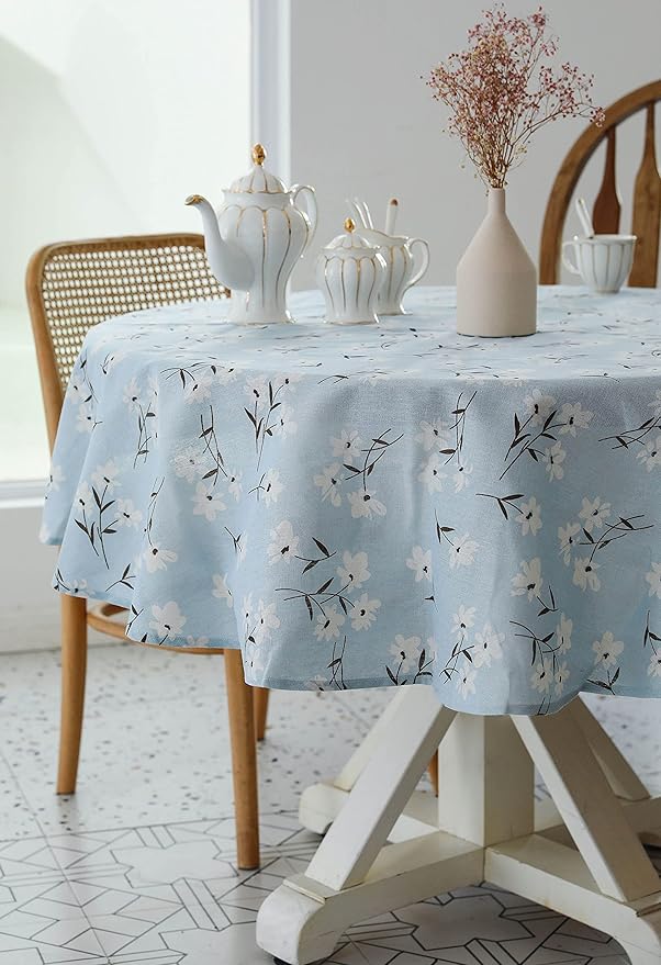 Pastoral Round Tablecloth - 60 Inch Dia. - Linen Fabric Table Cloth - Washable Table Cover with Dust-Proof Wrinkle Resistant for Restaurant, Picnic, Indoor and Outdoor Dining, Floral (Light Blue)