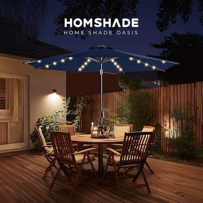 HOMSHADE 9ft Solar Patio Umbrella - Solar Lights LED Lighted Outdoor Market Table Umbrella, UPF50+ UV Protection with Push Button Tilt, Crank for Pool Deck and Garden (Navy Blue)