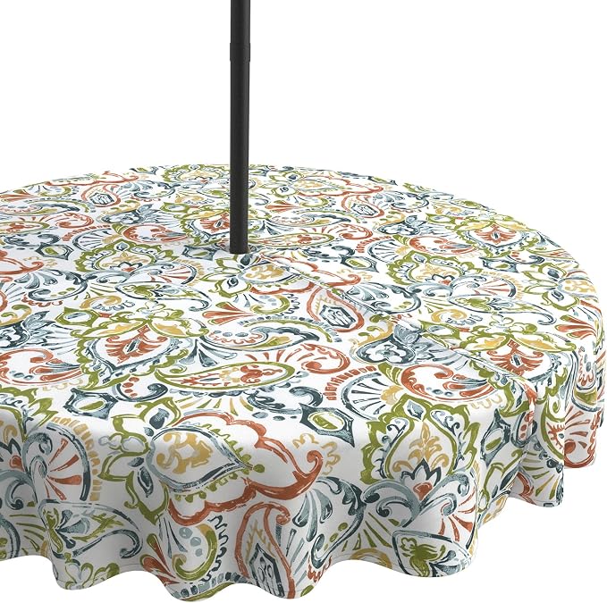 LVTXIII Round Outdoor Tablecloth with Umbrella Hole and Zipper, Water-Repellent 60 Inch Patio Table Cover for Bistro, Garden, Patio & Picnic, Paisley Botanical