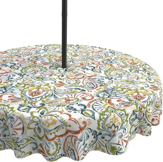 LVTXIII Round Outdoor Tablecloth with Umbrella Hole and Zipper, Water-Repellent 60 Inch Patio Table Cover for Bistro, Garden, Patio & Picnic, Paisley Botanical