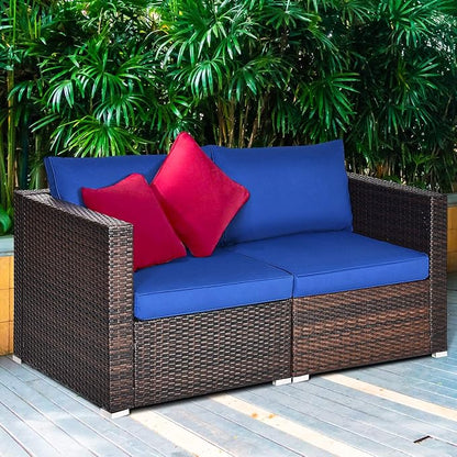 Tangkula Wicker Loveseat 2 Piece, Patio Furniture Couch with Removable Cushions, Rattan Loveseat Sofa for Balcony, Deck, Garden and Poolside