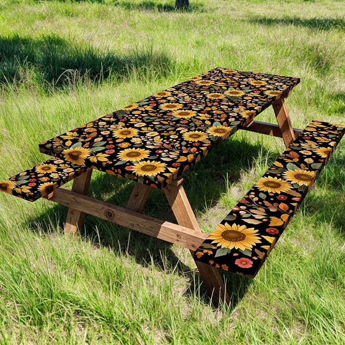 Picnic Table Cover with Bench Covers, Camping Essentials, Sunflower Flower Leaves Waterproof Windproof Patio Table Cover, Fitted Tablecloth Cover with Elastic Edge for Indoor Outdoor 3 PCS 30x96 Inch