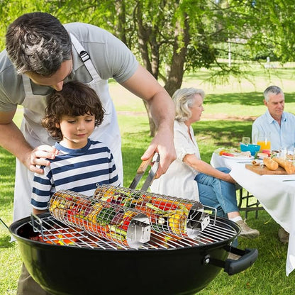 Rolling Grill Basket, SUS304 Stainless Steel, Removable Wooden Handle, Round Cylinder BBQ Grilling Basket, Outdoor Cooking Griller, Smoker Accessories for Vegetable, Gifts for Men Dad