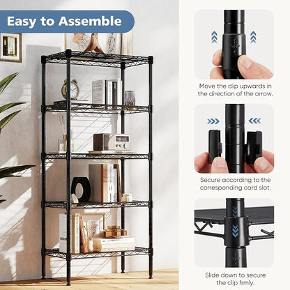 DUMOS 5-Tier Metal Wire Storage Shelves, Adjustable Standing Storage Rack Shelf, Heavy Duty Steel Shelving Unit Organizers for Kitchen Bathroom Pantry Garage, 23.2" Wx13.4 Dx60.1 H, Black