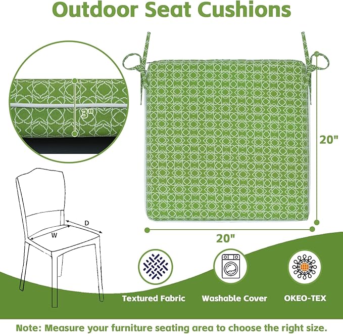 COZYVIDA Outdoor Chair Cushions Set of 4, 20"x20" Square Seat Pads with Tie Straps and YKK Zippers, 30D High-Density Foam, Water-Resistant Fabric,UV-Resistant 1000+ Hrs