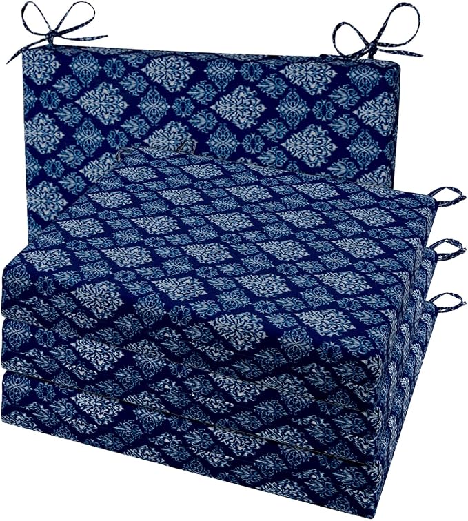 Cozyide Outdoor Chair Cushions, Waterproof Patio Seat Cushions with Adjustable Straps, Square Corner Patio Chair Cushions for Garden, Indigo Badge, 18.5x16x3 Inch (Pack of 4)