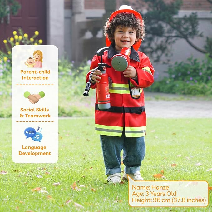 Liberry Firefighter Costume for Kids 3-5, Fireman Toys with Toddler Career Day Outfit, Helmet, Fire Extinguisher, Pretend Play Set for Boys Girls Birthday Gift