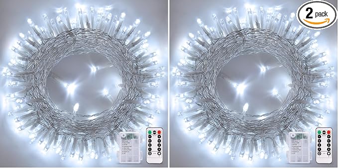 JMEXSUSS White Christmas Lights with Remote, 33ft 100 LED Battery Operated Christmas Lights, 8 Modes Outdoor Indoor String Light for Xmas Bedroom Tree Yard Porch Wedding (Pack of 2)