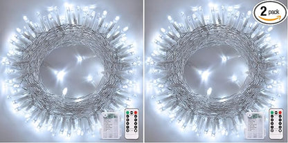 JMEXSUSS White Christmas Lights with Remote, 33ft 100 LED Battery Operated Christmas Lights, 8 Modes Outdoor Indoor String Light for Xmas Bedroom Tree Yard Porch Wedding (Pack of 2)