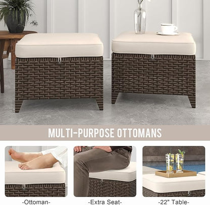 Patio Ottomans 2 Pieces, Outdoor 22" x 22" PE Wicker Ottoman with Removable Waterproof Cushions, All Weather Rattan Foot Stool Furniture for Deck, Porch, Backyard, Balcony, Poolside