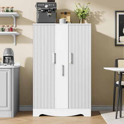 kepptory 47“ White Kitchen Pantry Cabinet with 3 Doors, Adjustable Shelves, | Pull-Out Side Spice Racks, Freestanding Food Storage Cupboard for Kitchen, Dining Room, Living Room