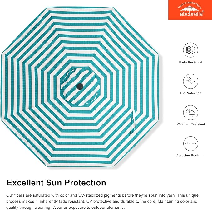 ABCCANOPY OLEFIN® 5-Year No Fading 9FT Patio Umbrella(Turquoise Stripe) | Fade & UV Resistant Fabric,8 Fiberglass Ribs，Wind Vent，Crank Lift & Tilt,Outdoor Table Umbrella for Deck,Backyard,Yard