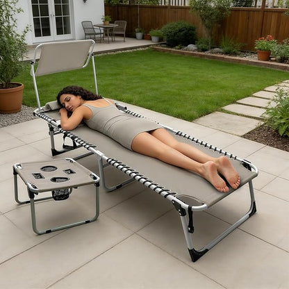 Outdoor Tanning Chair with Sun Canopy Shade & Face Hole, Folding Lounge Chair with Beach Table and Carry Bag for Poolside Sunbathing Lawn