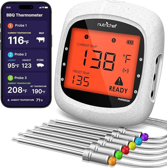 Nutrichef Bluetooth Meat Thermometer for Grilling and Smoking with 6 Wireless Meat Probes, 6 Channels with LCD Display