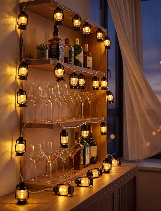 Vintage Kerosene Lantern String Lights 8.5FT, 10 LED Black Oil Lamp Camping | IP44 Waterproof & End-to-end Connectable, Plug-in LED for RV Awning, Tent, Patio, Porch, Bedroom, Camping and Holiday Decor