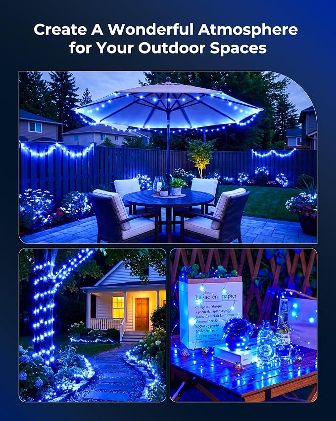 Solar String Lights for Outside, 33Ft 100 LED Fairy Lights Blue ＆ white | IP65 Waterproof Solar Twinkle Lights Outdoor & Indoor, Patio Lights for Tree Garden Christmas Party Wedding Decoration