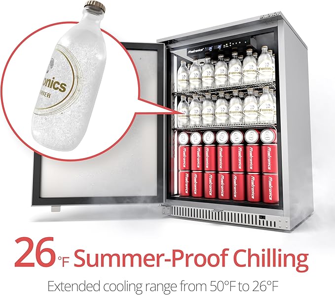 24 Inch Outdoor Beverage Refrigerator, 140 Can Built-In Beverage Fridge with 21-Inch Shallow Depth, 26°F Sub-Zero Fridge, Dual-Fan Cooling, Full SUS304 for Patio & Outdoor Kitchen