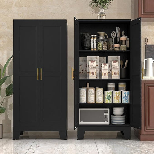 PAOFIN 61" Balck Metal Kitchen Storage Cabinet, Kitchen Pantry Storage Cabinet with Doors and Shelves, Storage Cabinet with Adjustable Leveling Foot for Kitchen, Living Room and Dining Room