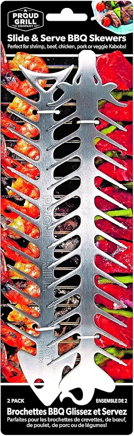 Proud Grill Slide & Serve BBQ Skewers, Grilling Accessories, 12", Set of 2 | Reusable Stainless-Steel Barbecue Skewers, Ideal for Shish Kabobs, Beef, Pork, Chicken, Shrimp & Vegetables, BBQ Tool Sets