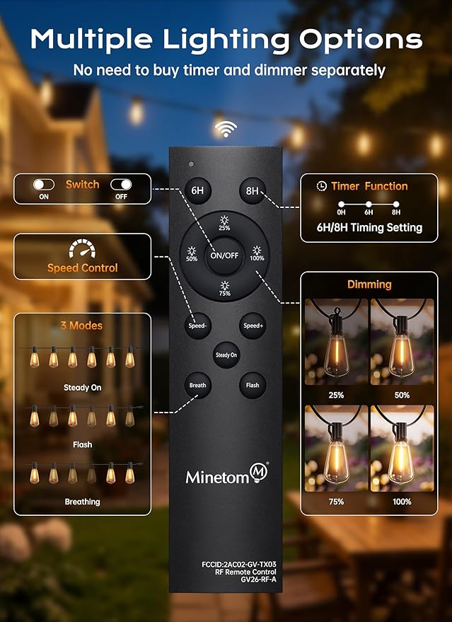 Minetom 55FT Outdoor String Lights with Remote, Shatterproof ST38 LED Bulbs, Waterproof Patio Lights with 3 Modes, Dimmable & Connectable 2700K Hanging Lights for Backyard Porch Deck Balcony