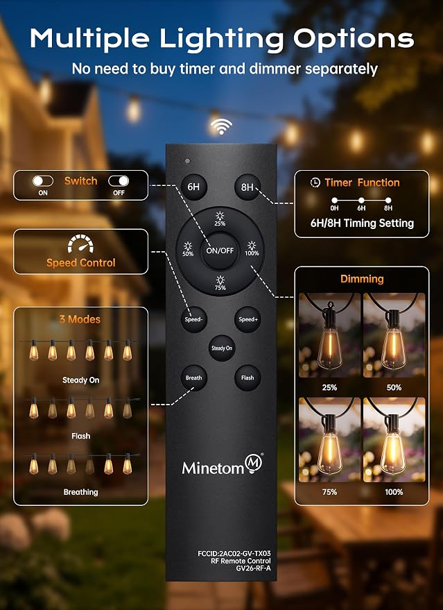 Minetom 200FT Outdoor String Lights with Remote, ST38 Patio Lights Dimmable | Waterproof LED Christmas Lights with 3 Modes, Shatterproof Connectable Outside Lights for Backyard Porch Deck Garden Decor