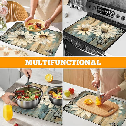 Multi-Design Stove Cover for Glass/Electric Stoves - 3-in-1 Heat-Resistant Protector Mat, Non-Slip Drying Rack 28"x20"