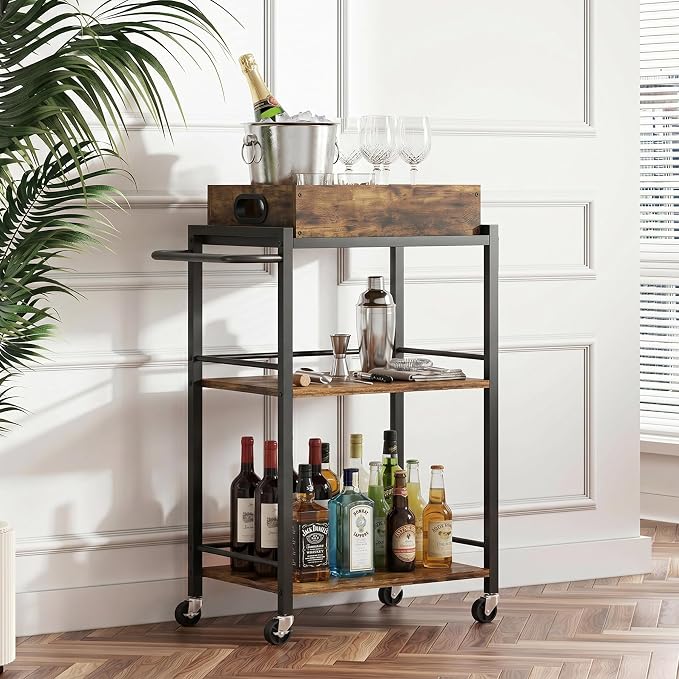 3-Tier Rolling Bar Cart with Removable Tray for Home Kitchen | Rolling Wheels with Handle, 3-Tier Storage, Removable Serving Tray, Sturdy Frame, Multi-Purpose for Kitchen & Bar Use