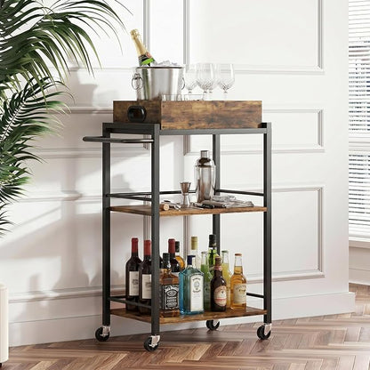 3-Tier Rolling Bar Cart with Removable Tray for Home Kitchen | Rolling Wheels with Handle, 3-Tier Storage, Removable Serving Tray, Sturdy Frame, Multi-Purpose for Kitchen & Bar Use