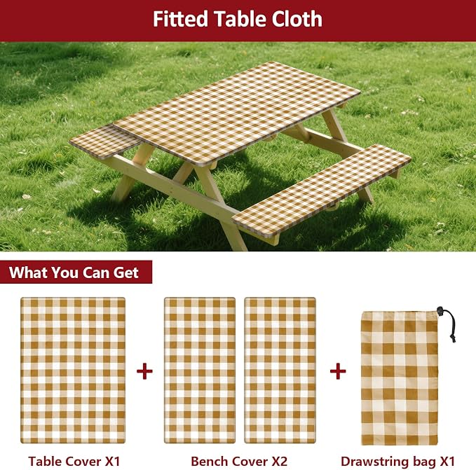 6ft 72in Picnic Table and Bench Cover, 3 Pack, Coffee Checkered | Drawstring Bag, Waterproof Windproof, Elastic Fitted Edges Tablecloth, for Rectangle Table & Seat, Camping Essentials RV Gear
