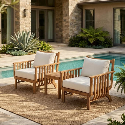 Christopher Knight Home Acacia Wood Outdoor Patio Club Chair Set of 2, Mid Century Modern Deep Seating Lounge Chairs with Armrests, Cushions & Back Pillows for Porch Balcony Backyard, Natural+Beige