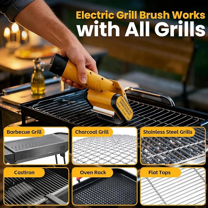 Electric Grill Brush, 100W Power, 5000mAh Large Battery, 350-Min Runtime | Best Wireless BBQ Grill Brush for Outdoor Grill, Motorized 304 Stainless Steel Cleaning Head with Bristle-Free Design