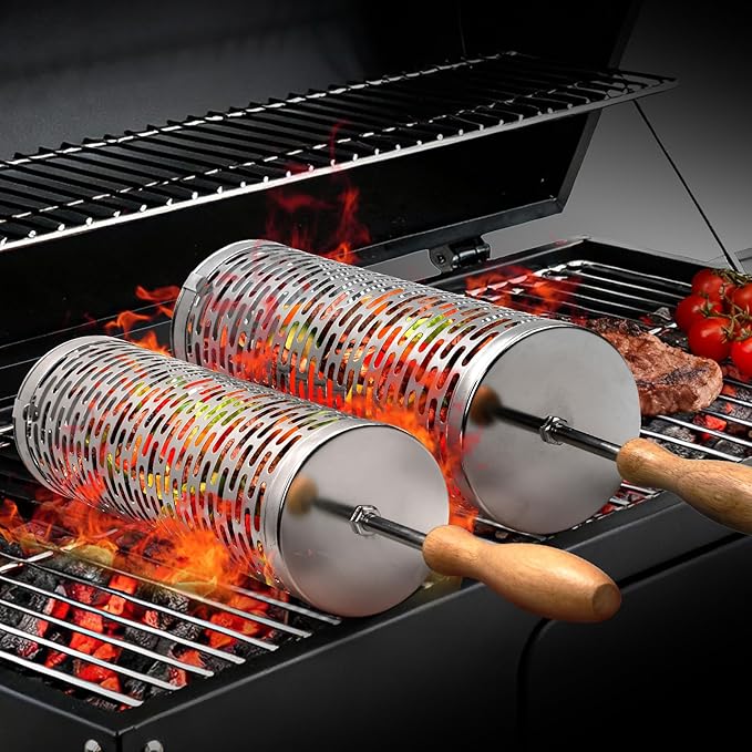 BBQ Rolling Vegetable Grill Basket: Barbecue Smoker Grill Rolling Baskets for Outdoor, Christmas Birthday Gifts for Dad Men Husband Unique 2pcs