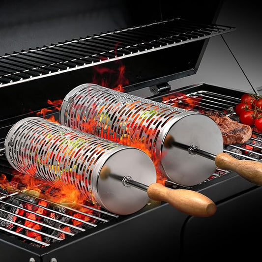 BBQ Rolling Vegetable Grill Basket: Barbecue Smoker Grill Rolling Baskets for Outdoor, Christmas Birthday Gifts for Dad Men Husband Unique 2pcs