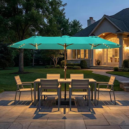 Kingdura 15ft Large Patio Umbrella with Solar Lights, Double-Sided Rectangle Outdoor Table Umbrella with Base Included, 12 Reinforced Ribs, 48 Led Lights, Crank Lift for Market Pool Deck, Tiffany blue