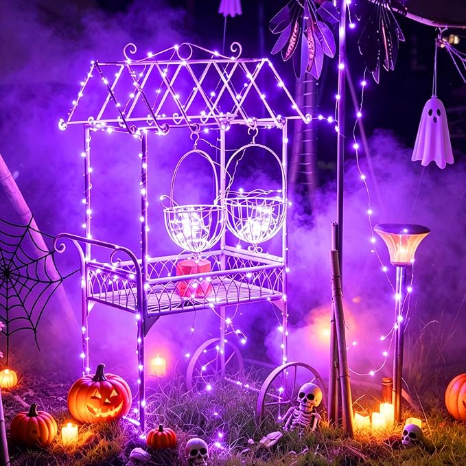 QITONG Solar Fairy Lights Outdoor Waterproof, 2 Pack Each 66ft 200 LED Purple Halloween String Lights, Silver Wire Christmas Twinkle Mini Lights with 8 Modes