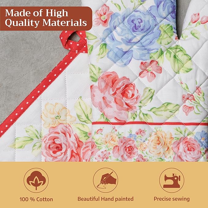 Maison d' Hermine 100% Cotton Oven Mitt & Pot Holder Set (7.5"x13" & 8"x8") Heat Resistant BBQ Cooking Gloves with Loop Baking Grilling Kitchen Hotel Home Farmhouse Spring Summer(Vintage Floral)