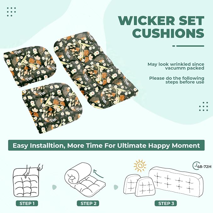 DANGHOOGY Wicker Chair Cushions, Waterproof Outdoor Loveseat Cushions for Patio Furniture, Tufted Wicker Furniture Cushions, 1 Loveseat and 2 U-Shaped Cushions (Black Floral)