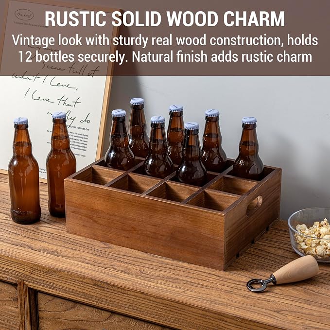 MyGift Rustic Brown Wood Bottle Storage Crate - Wooden Beer Holder Box, Bottled Beverage Serving Caddy with Carrying Handles, 12 Individual Slots