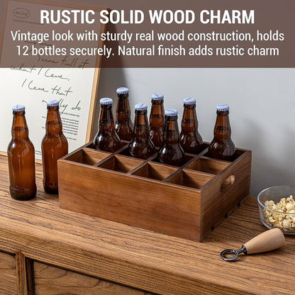 MyGift Rustic Brown Wood Bottle Storage Crate - Wooden Beer Holder Box, Bottled Beverage Serving Caddy with Carrying Handles, 12 Individual Slots