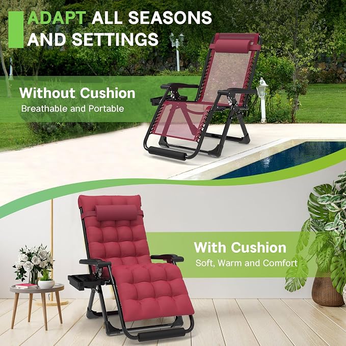 ZENPETIO 29In XL Zero Gravity Chair, 440LBS with Cushion | Anti Gravity Recliner Lounge Chair with Aluminum Alloy Lock & Footrest, 90-170° Adjustable, for Lawn Patio Indoor Outdoor