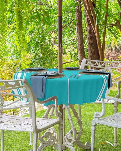 QueenKer Outdoor Tablecloth with Umbrella Hole, Farmhouse Aqua White Stripe Round Tables Waterproof Tabletop Collection for Patio, Garden, Picnic, Camping, Dining 60R