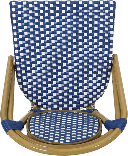 Christopher Knight Home Gwendolyn Outdoor French Bistro Chairs (Set of 2), Blue + White + Bamboo Print Finish
