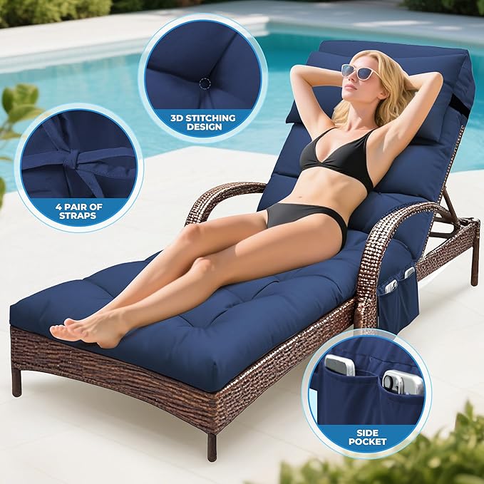 Outdoor Chaise Lounge Chair Cushion, Waterproof Outdoor Chair Cushions for Patio Furniture, 71 x 21 x 4 Inches Replacement Chaise Lounge Cushion with Ties (Blue)