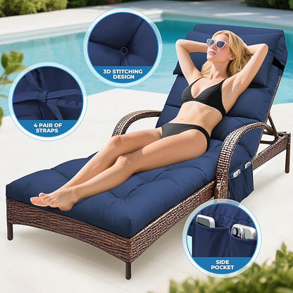 Outdoor Chaise Lounge Chair Cushion, Waterproof Outdoor Chair Cushions for Patio Furniture, 71 x 21 x 4 Inches Replacement Chaise Lounge Cushion with Ties (Blue)