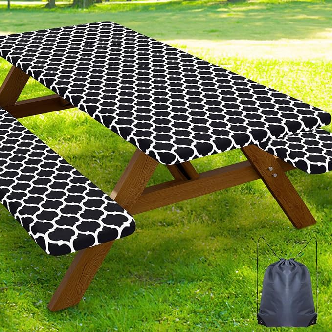 Smiry Picnic Table Cover with Bench Covers, Waterproof Elastic Fitted Tablecloth for 5 Foot Tables, Washable Polyester Tablecloths for Camping, Indoor & Outdoor (Black, 30x60 Inch 3-pc Set)