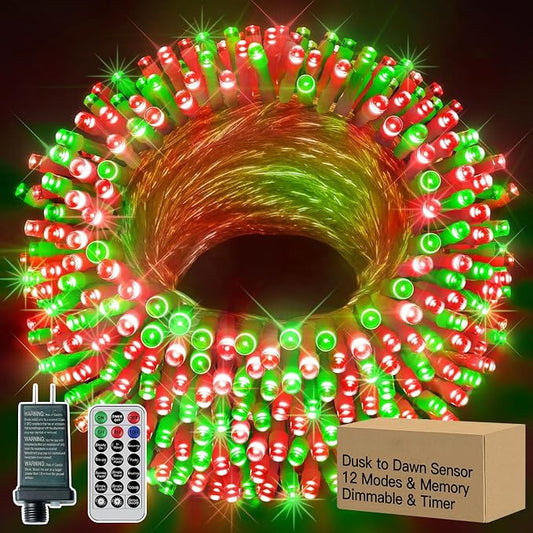 12 Modes Outdoor String Lights with Dusk to Dawn,174ft 500 LED Plug in Christmas Lights Remote Memory,Dimmable Waterproof Fairy Lights for Outside Timer Garden Party(Red&Green)