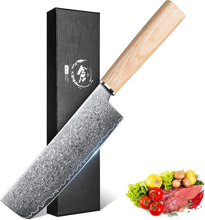 ROCOCO Damascus Nakiri Chef Knife - Japanese Sharp Meat Cleaver Knife for Vegetable Home Kitchen Gift Idea 6.8"